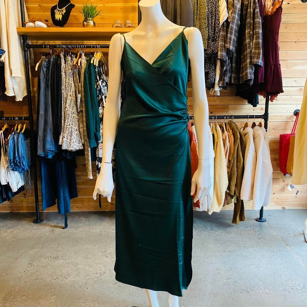 RUCHED WRAP SATIN MIDI DRESS